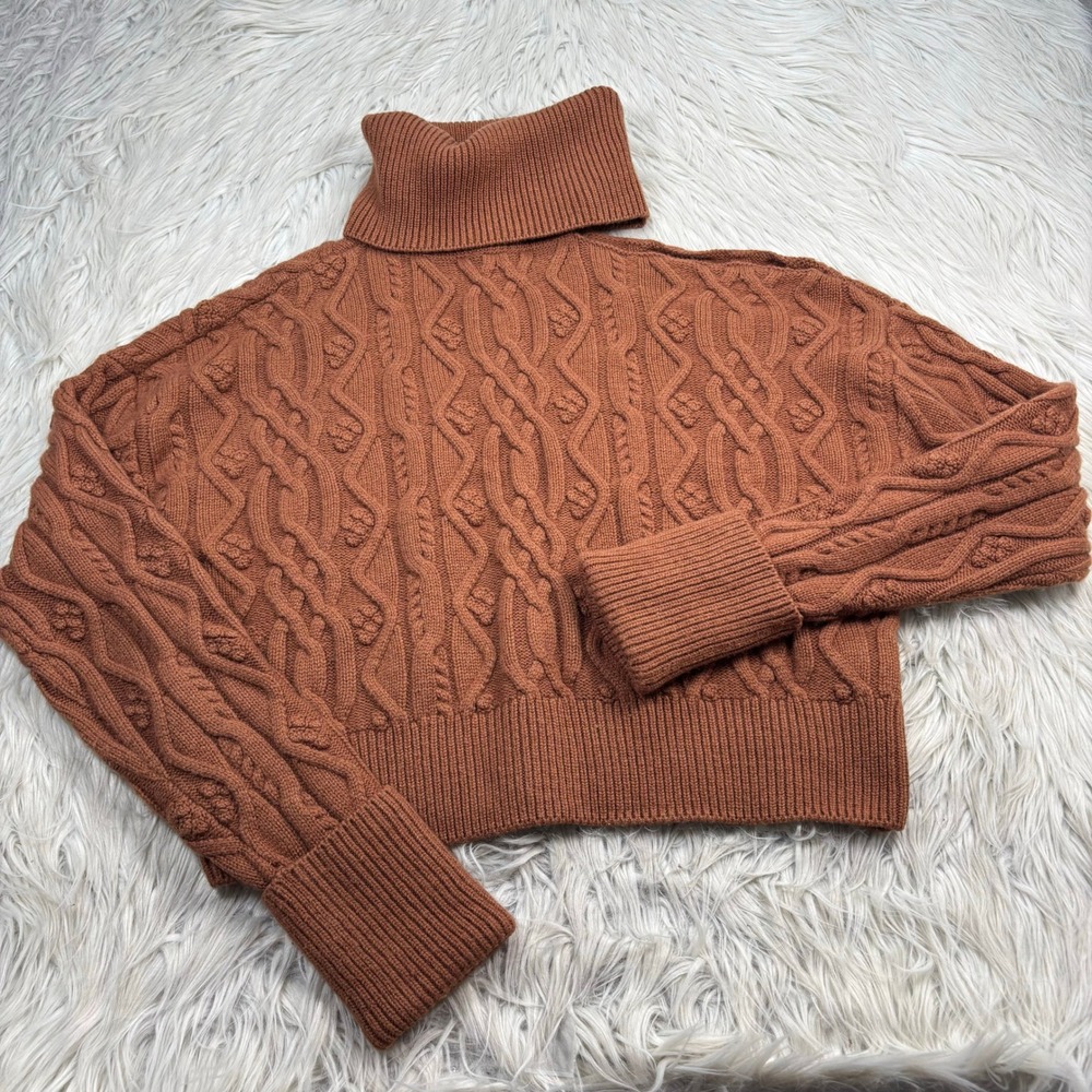 Paige Women's M Brown Turtleneck Sweater Cable-Knit Cropped Cabincore Preppy